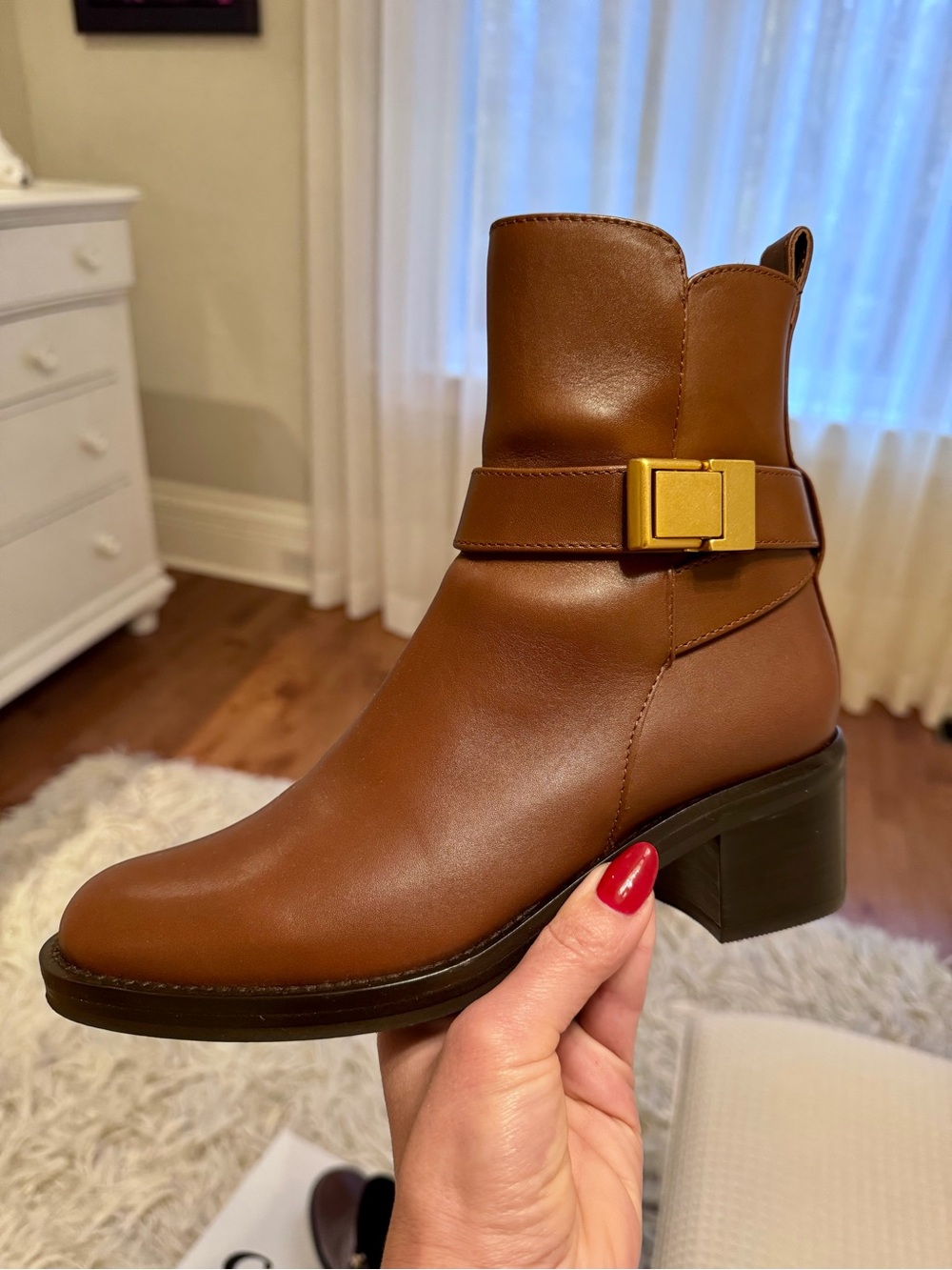 Like New❗️La CANADIENNE Cognac Leather Block Heel Ankle Boot with Gold Buckle